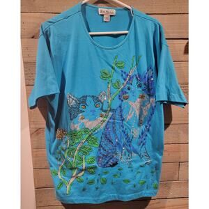 Kris Michele Vintage 90's Rhinestones Sequin Eyes Blue Cats Short Sleeve Shirt